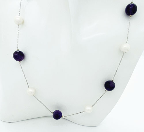 Collar de plata con perlas y amatistas naturales